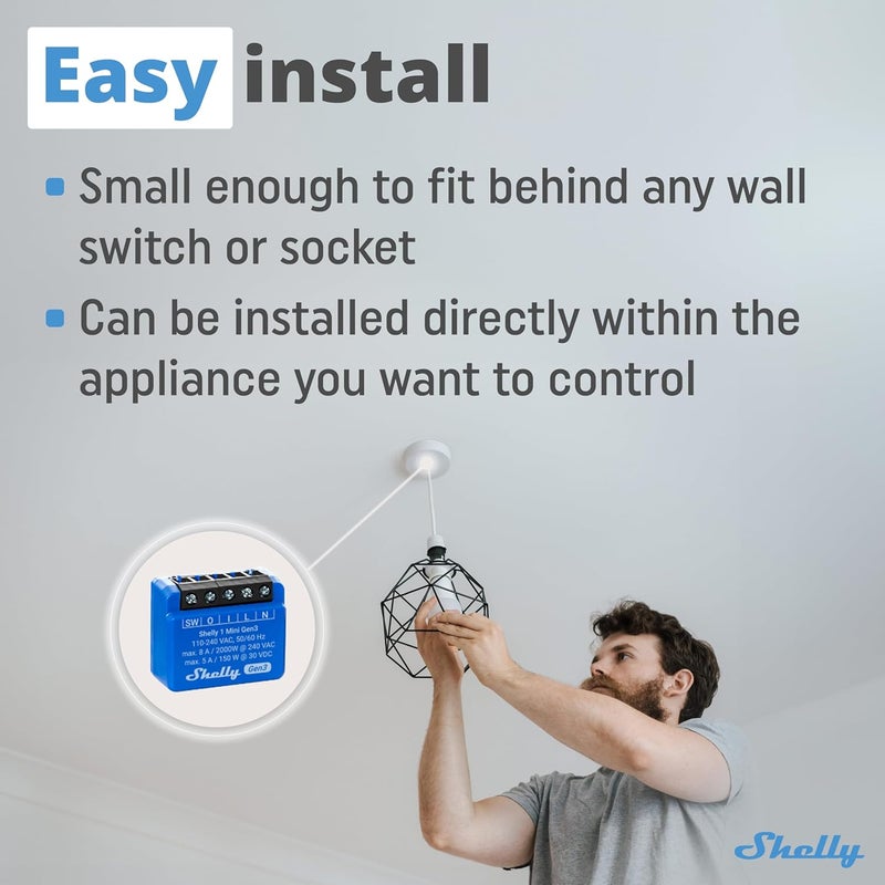 Shelly 1 Mini Gen3 | WiFi Smart Switch Relay 1 Channel 8A | Home Automation | Bluetooth Gateway | Compatible with Alexa & Google Home | iOS Android App | No Hub Required | Dry Contacts - Image 3
